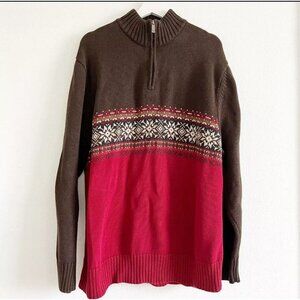 Vintage Eddie Bauer Men’s Brown Red White Fair Isle 1/4 Zip Sweater L